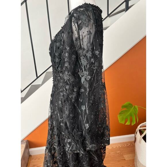 Mac Duggal Puff Sleeve A Line Embroidered Gown Size 14 Black Formal 20430 NEW - Picture 9 of 16